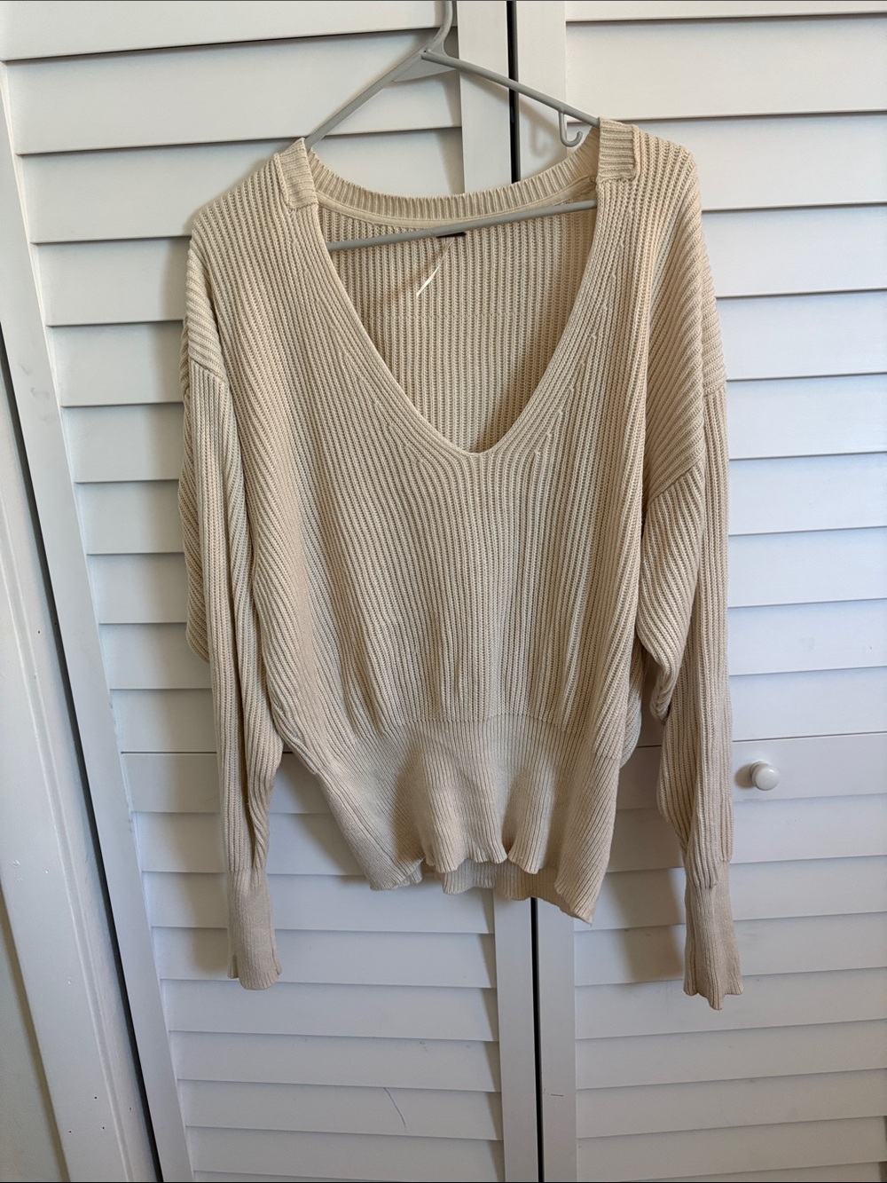 Free People Cream V-Neck Ribbed Sweater